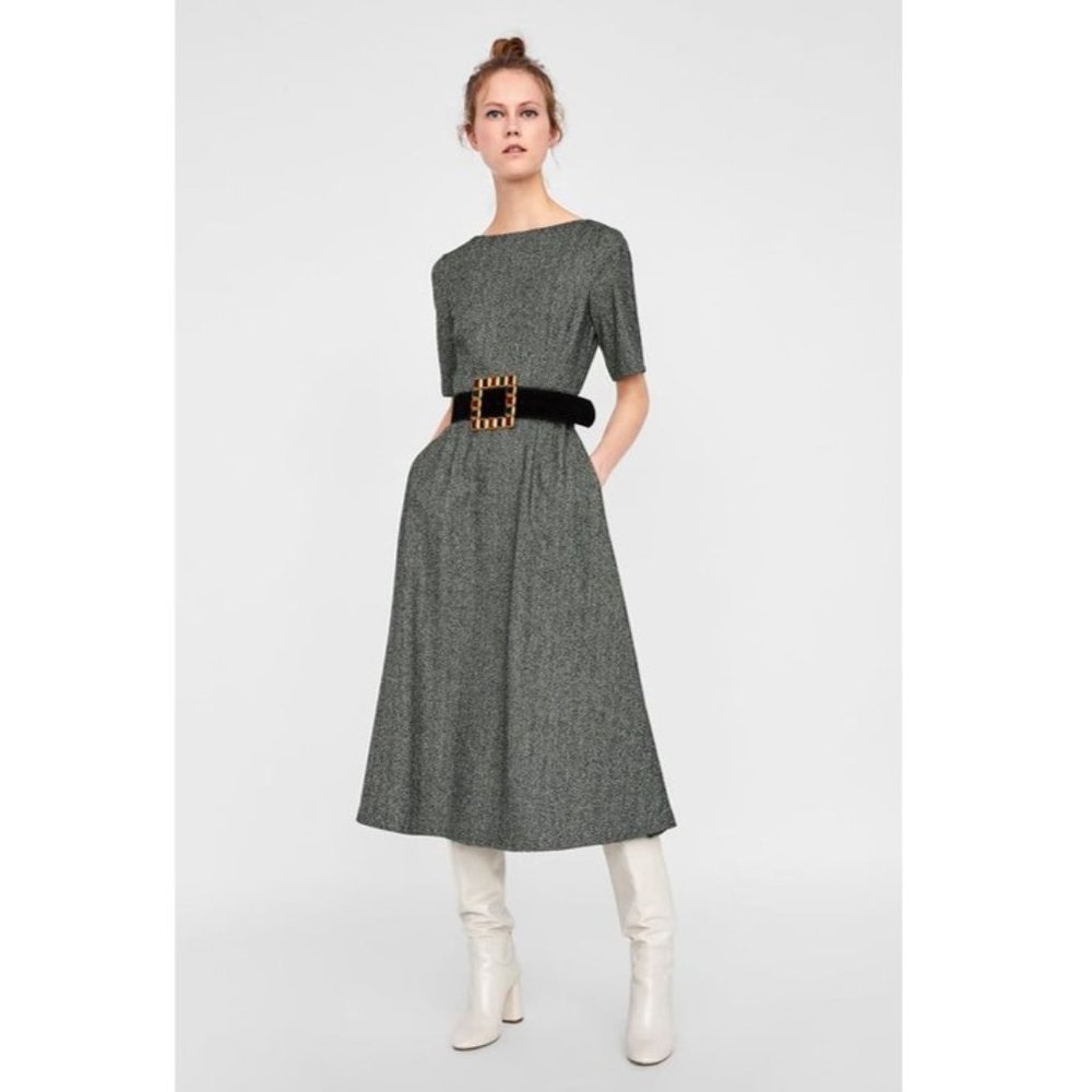 Zara Herriegbone midi dress with boat neck and pockets XXL